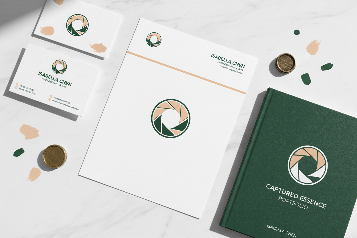 charte graphique et logo sur un portfolio d'un photographe . Les couleurs de l'image doivent être du beige abricot, du vert foncé et du blanc