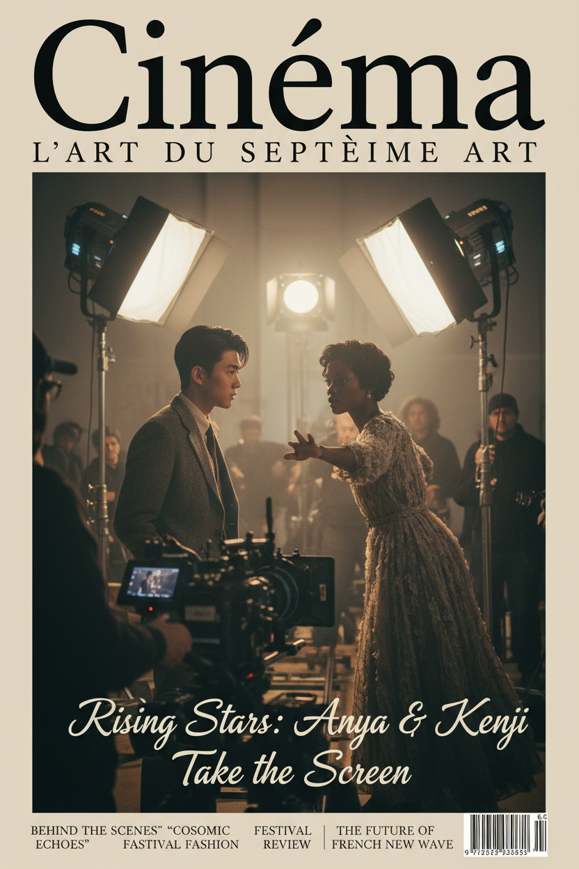 magazine papier avec comme gros titre "Cinéma" , deux acteurs sur un plateau de tournage. Le premier acteur est un homme asiatique jeune et le second est une femme noire jeune. Le fond de la couverture du magazine est du beige.