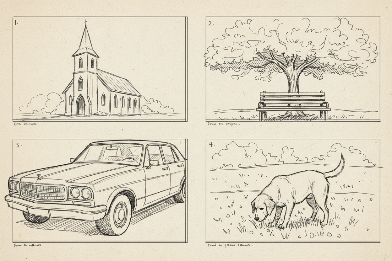 Un storyboard dessiné à la main par une femme blanche. On voit quatre cadres. Dans le premier cadre une église. Dans le second un banc et derrière le banc, un arbre avec de belles feuilles d'automne. Dans le troisième cadre, on voit la moitié d'une voiture et dans le dernier cadre, on voit un labrador qui renifle l'herbe du parc.
